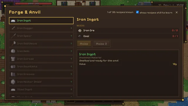 The forge’s crafting screen with iron recipes